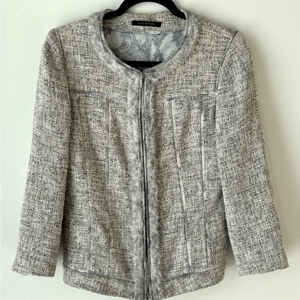 Elie Tahari Stunning Boucle and Animal Print MAGIC Blazer Size 4. Details r 100%